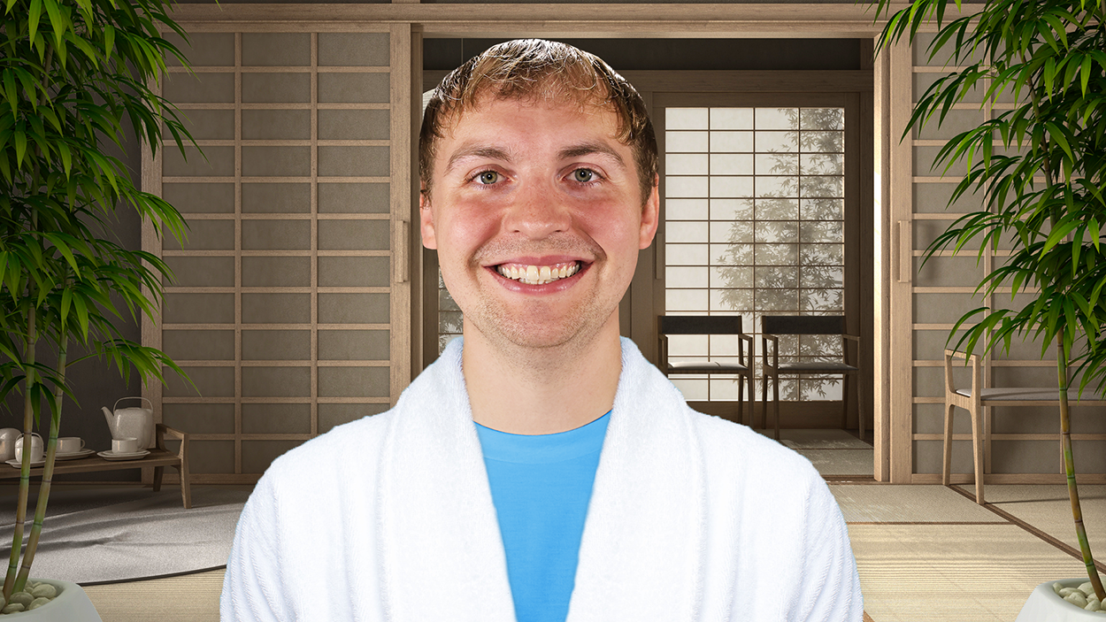 Video thumbnail showing featuring Keegan in a spa robe with a spa in the background.