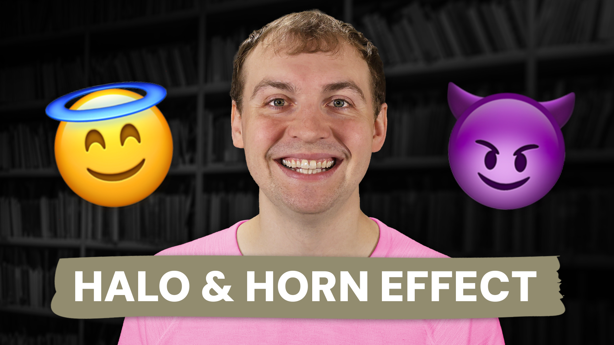 Video thumbnail showing featuring Keegan, a therapist, with text that says Halo and horn effect with an angel emoji over Keegan's right shoulder and a devil emoji over his left shoulder.